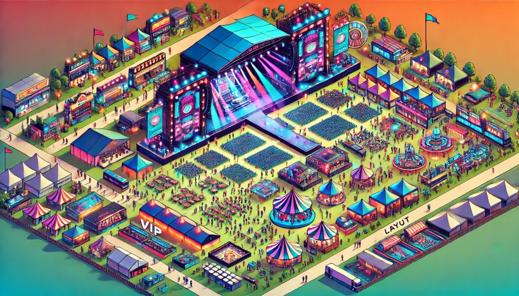 DALL·E 2024 07 09 21.46.25 A vibrant event layout design for a large music festival. The layout includes a massive outdoor stage with impressive lighting and sound equipment. Th