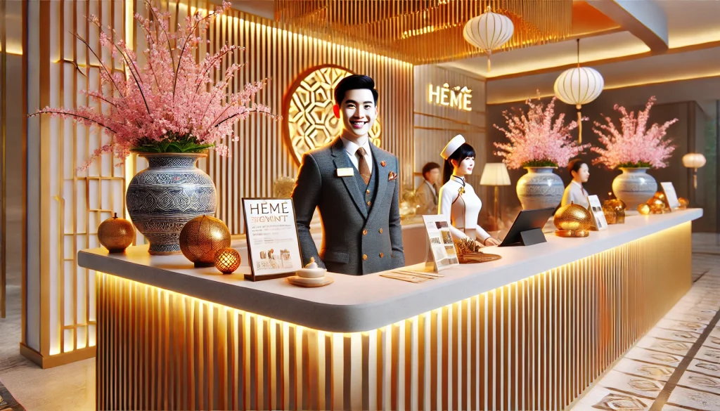 DALL·E 2024 07 09 22.06.09 A vibrant 3D render of a Vietnamese event receptionist. The receptionist is standing behind a well organized reception desk dressed professionally in