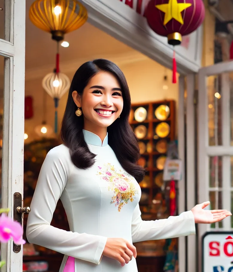 DALL·E 2024 07 11 22.16.36 A Vietnamese employee standing and inviting customers in front of a shop. The employee is wearing a traditional ao dai smiling warmly and gesturing e1720711082896