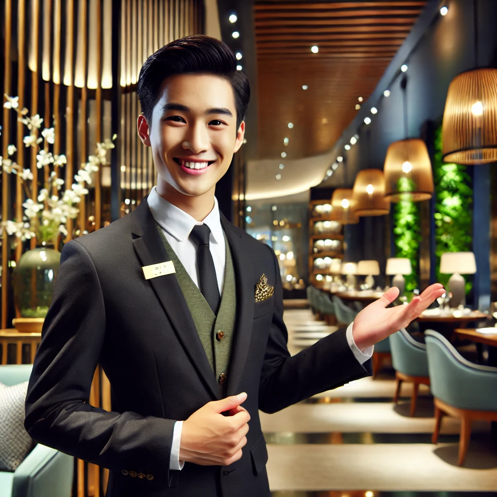 DALL·E 2024 07 12 14.51.04 A dedicated Vietnamese staff member welcoming customers at a stylish venue. The staff member is dressed in a professional uniform smiling warmly and