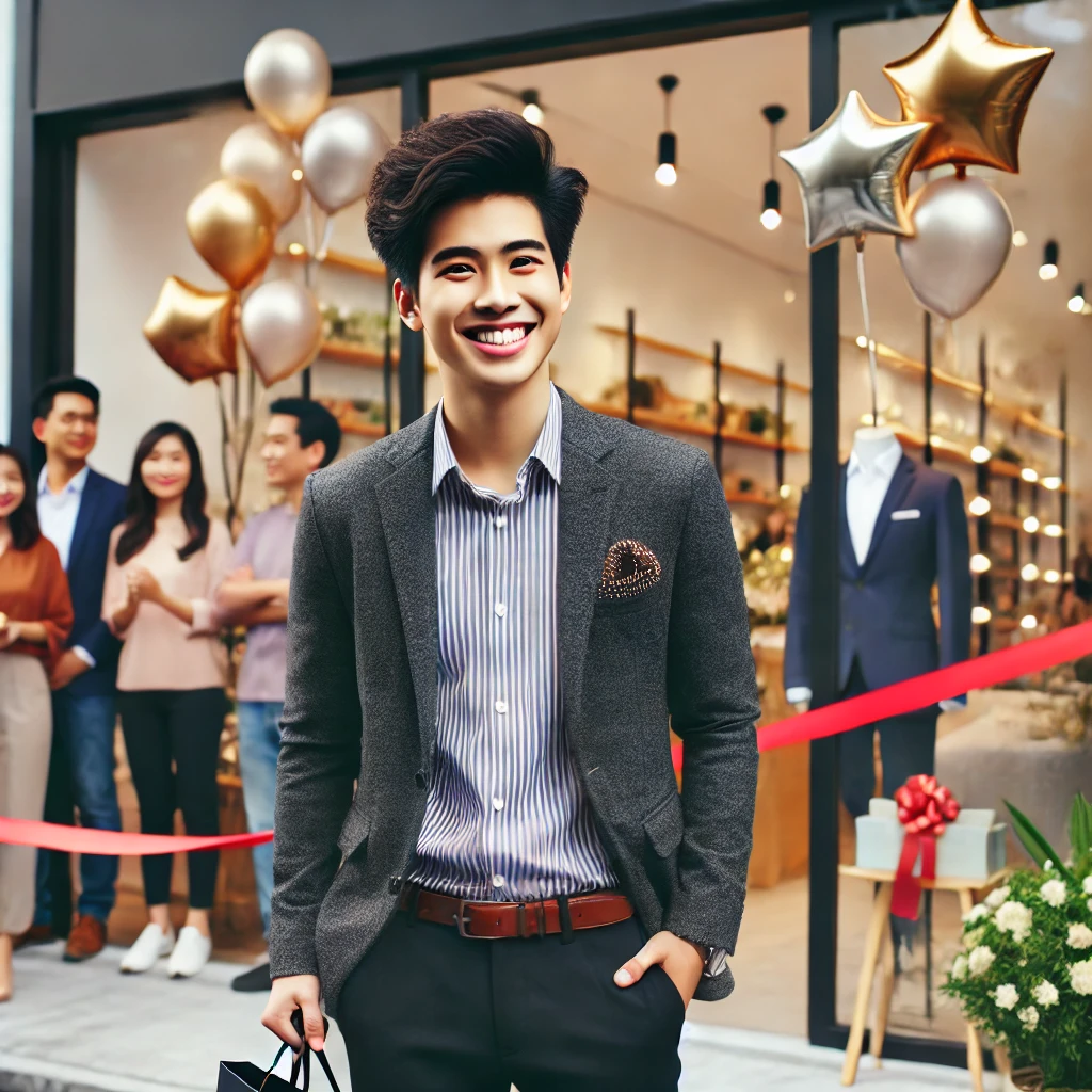 DALL·E 2024 07 12 15.59.30 A young Vietnamese entrepreneur smiling brightly at the grand opening of their business. The setting includes a decorated storefront with a ribbon and