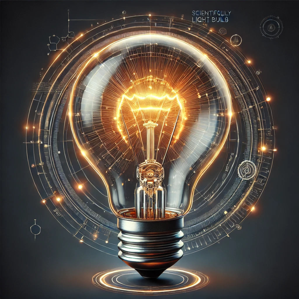 DALL·E 2024 07 12 16.48.48 A scientifically detailed and realistic image of a glowing light bulb. The light bulb is lit brightly with visible filaments and intricate details of