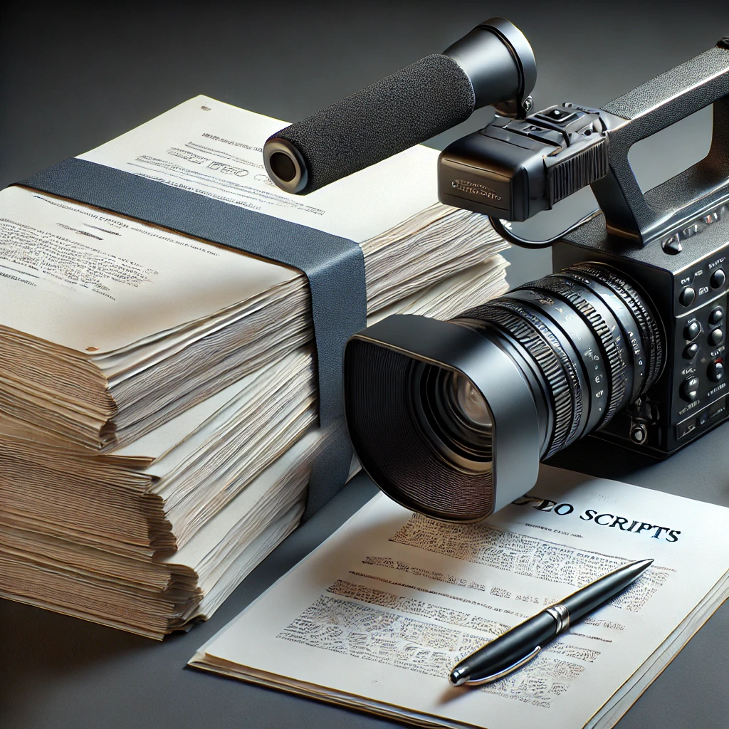 DALL·E 2024 07 12 16.50.07 A highly realistic image of a video camera a stack of scripts and a pen. The stack of scripts is neatly arranged with visible text and intricate det
