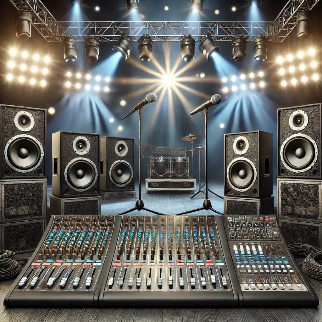 DALL·E 2024 07 12 16.52.05 A highly realistic and detailed image of a professional sound and lighting setup. The scene includes high quality speakers microphones mixing consol