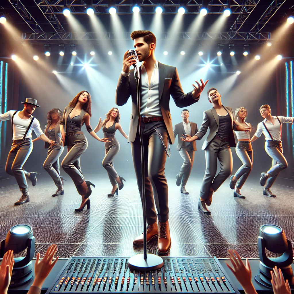 DALL·E 2024 07 12 16.55.31 A highly realistic image of a singer and a dance troupe performing on stage. The singer is at the center holding a microphone dressed in a stylish o