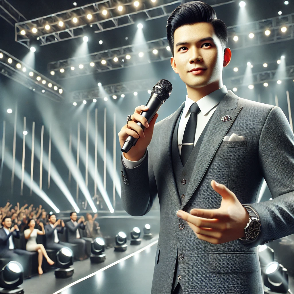 DALL·E 2024 07 12 16.57.33 A highly realistic image of a professional Vietnamese MC master of ceremonies on stage. The MC is holding a microphone dressed in an elegant suit