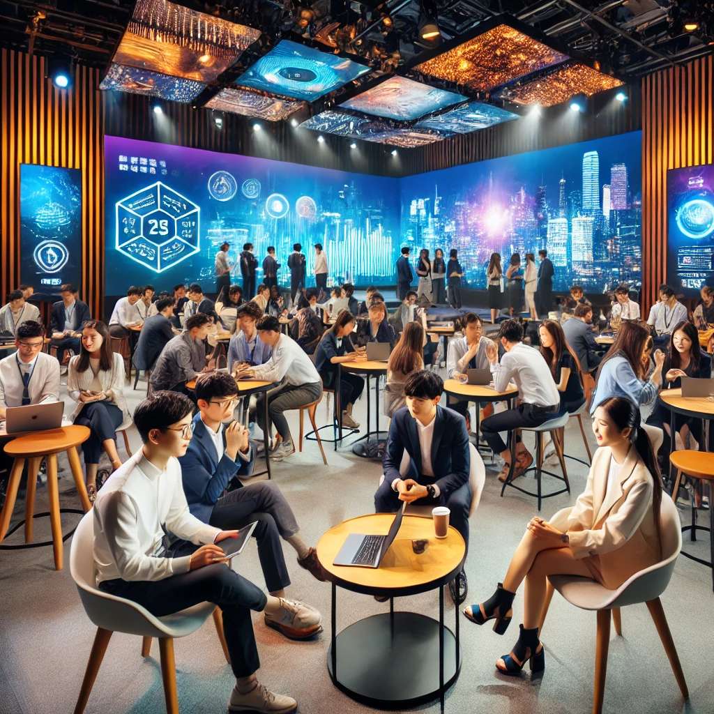 DALL·E 2024 07 18 13.11.41 A modern and vibrant professional conference setting in Asia with Asian people. The room is filled with young Asian professionals dressed in smart cas