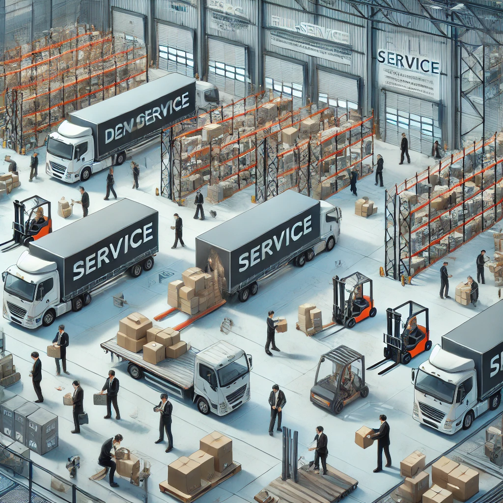 DALL·E 2024 07 18 13.21.25 A bustling scene of a comprehensive and convenient service operation. The image includes multiple delivery trucks and staff members loading and unload