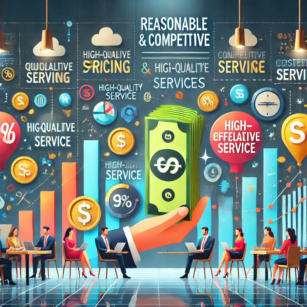 DALL·E 2024 07 18 13.25.30 An image showcasing reasonable and competitive pricing for high quality services with vibrant colors and icons. The scene includes money icons discou