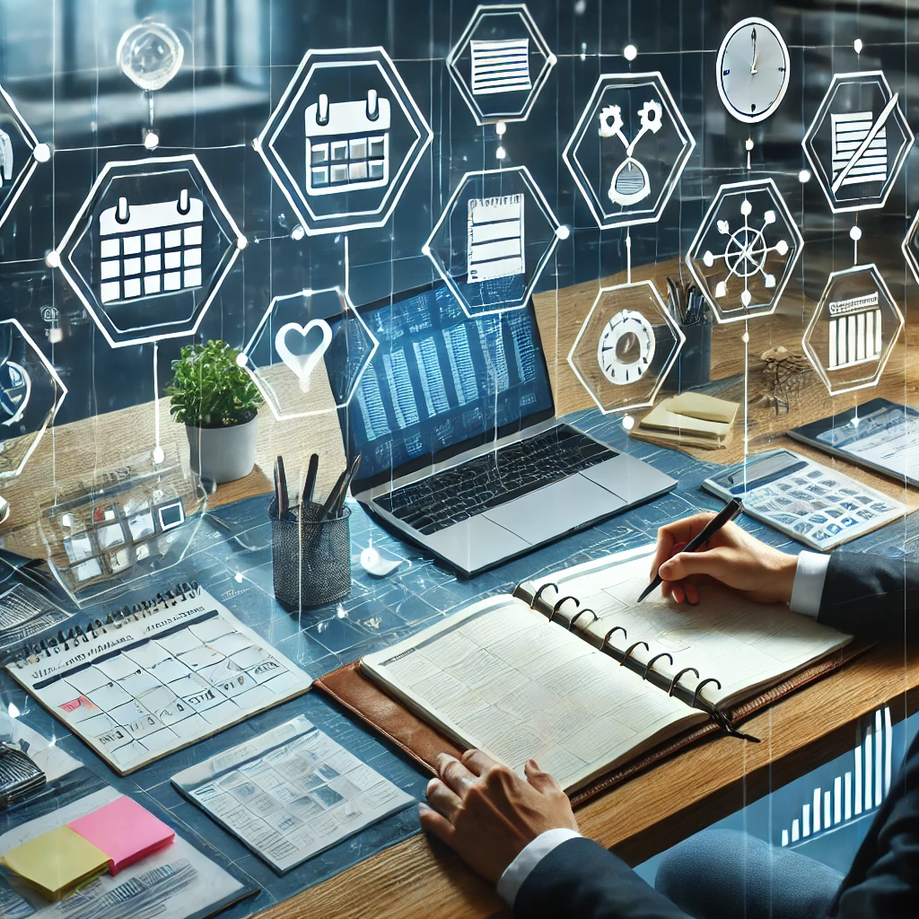 DALL·E 2024 07 18 15.00.14 An image depicting detailed planning. The scene includes a person at a desk with a notebook or planner surrounded by icons representing various aspec