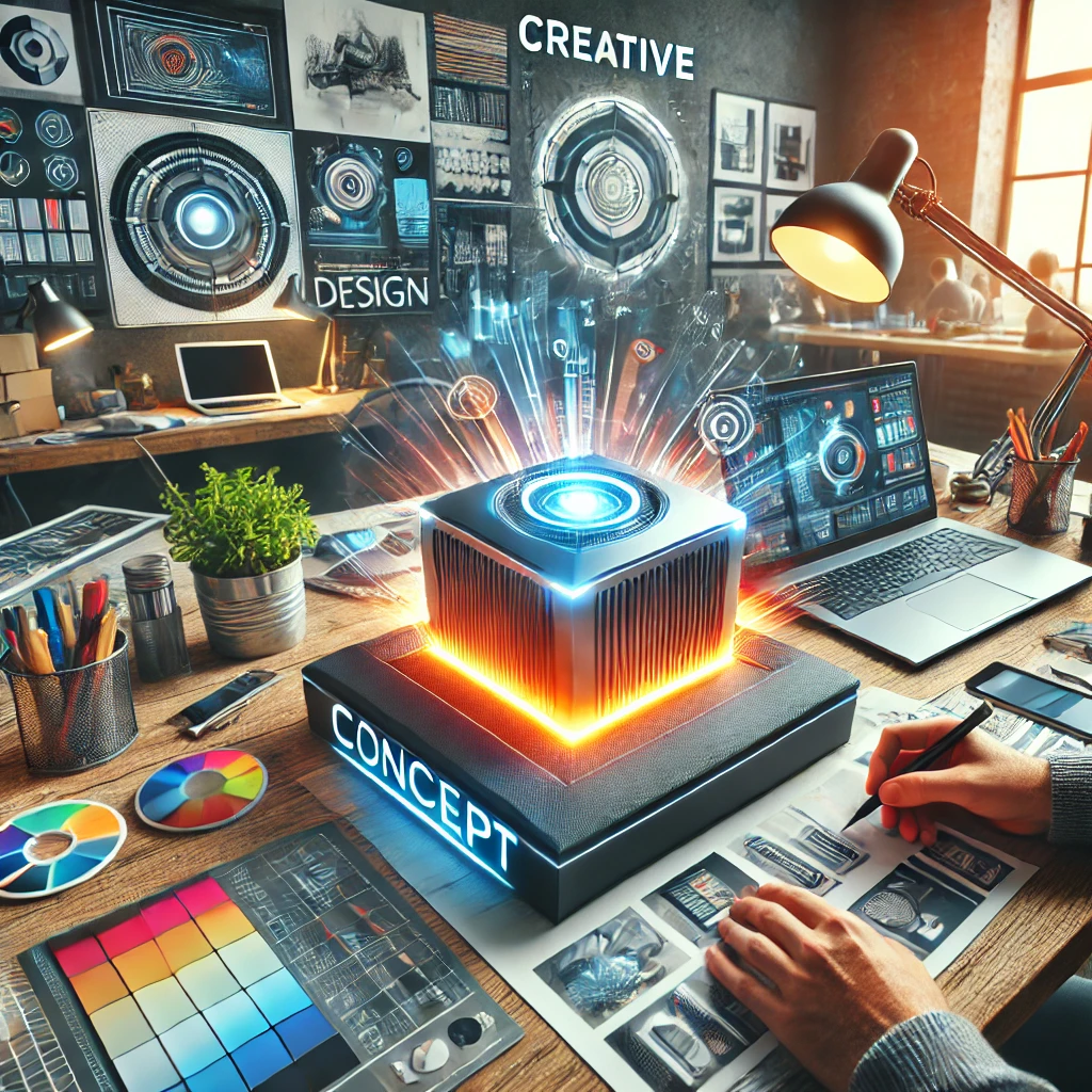 DALL·E 2024 07 18 15.01.51 An image showcasing a creative concept design. The scene includes a designer at a desk working on a unique and impressive concept that fits the produ