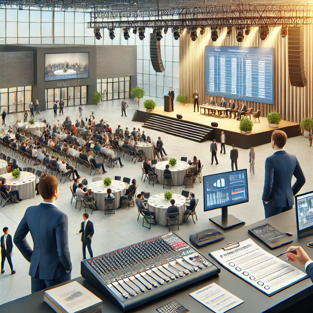DALL·E 2024 07 18 15.05.05 A realistic image depicting the smooth and professional execution of an event. The scene includes an event manager and team ensuring everything runs o