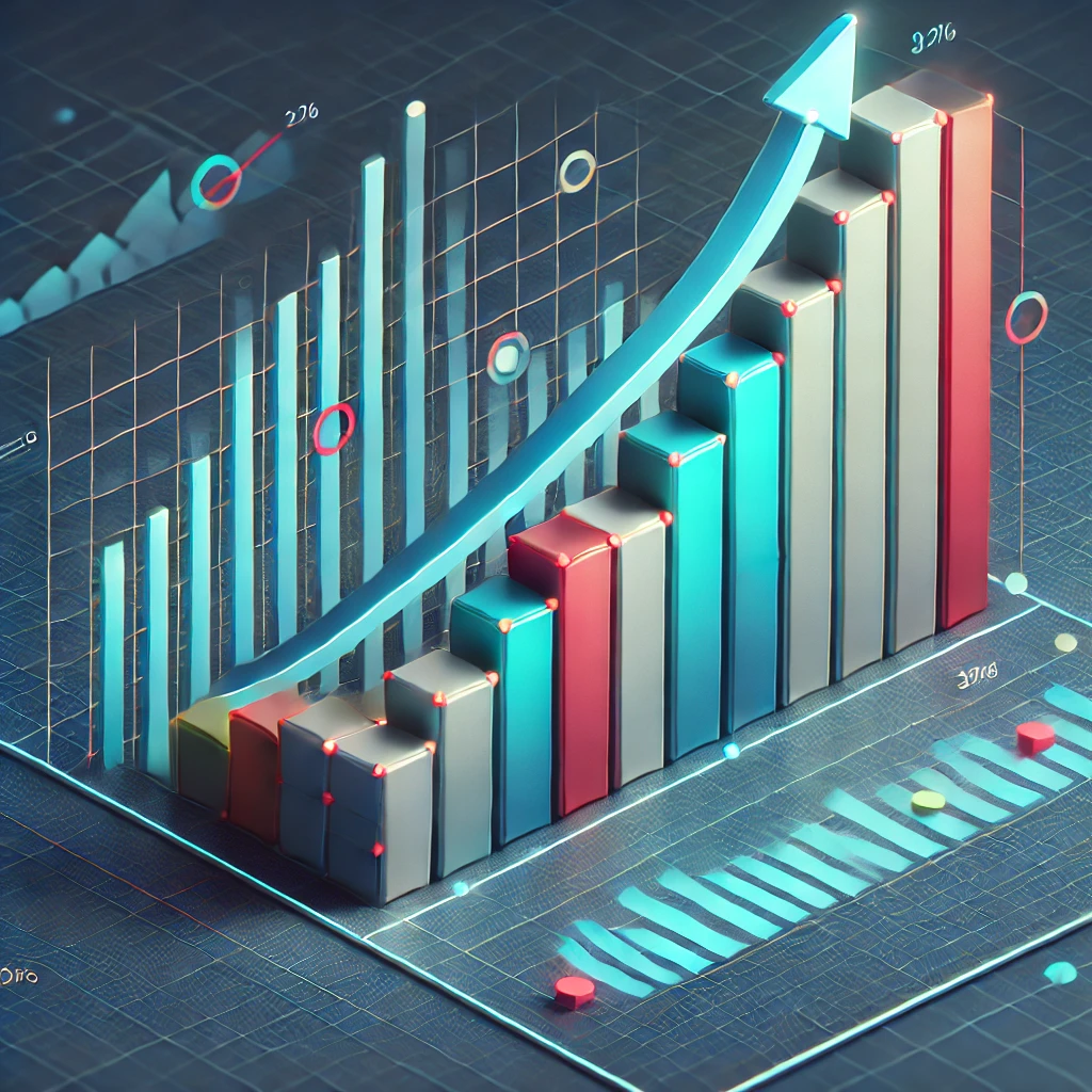 DALL·E 2024 07 18 15.09.25 A 3D growth chart depicting an upward trend. The chart features a three dimensional graph with axes labeled and a colorful line or bar representing th