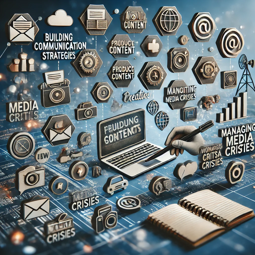 DALL·E 2024 07 18 15.35.50 An image with multiple floating icons representing the following content Building communication strategies including planning and executing multi ch