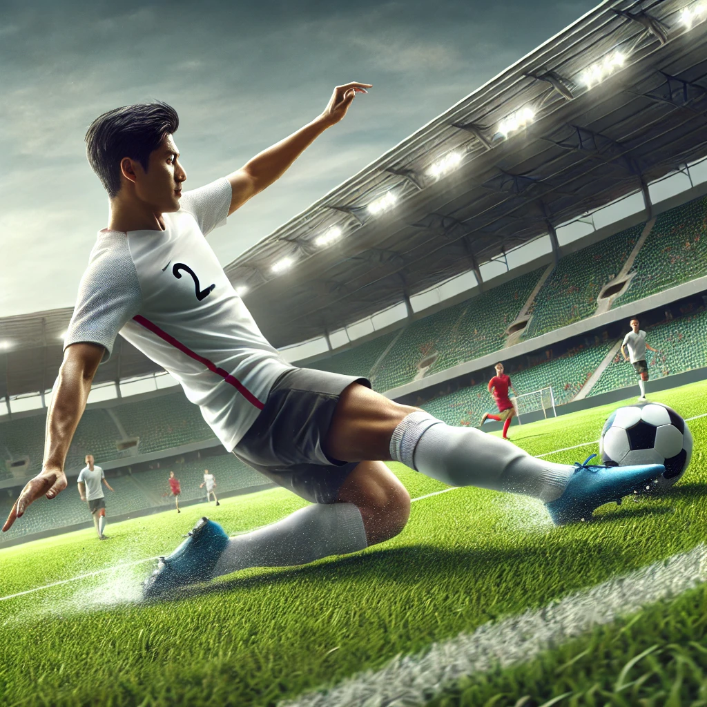 DALL·E 2024 07 18 15.43.12 An image of an Asian soccer player making a slide tackle on the field. The player is in mid action showcasing athleticism and determination. The back