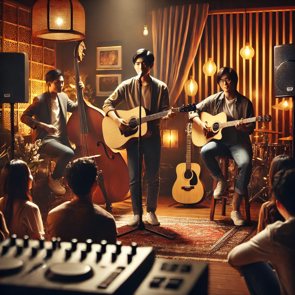 DALL·E 2024 07 18 16.01.24 An image of a live music show featuring an acoustic performance with Asian musicians. The scene includes Asian musicians playing guitars a singer wit